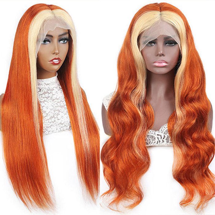 Ginger Wig With Blonde Highlights Colored Straight 13x4 Lace Front Wigs