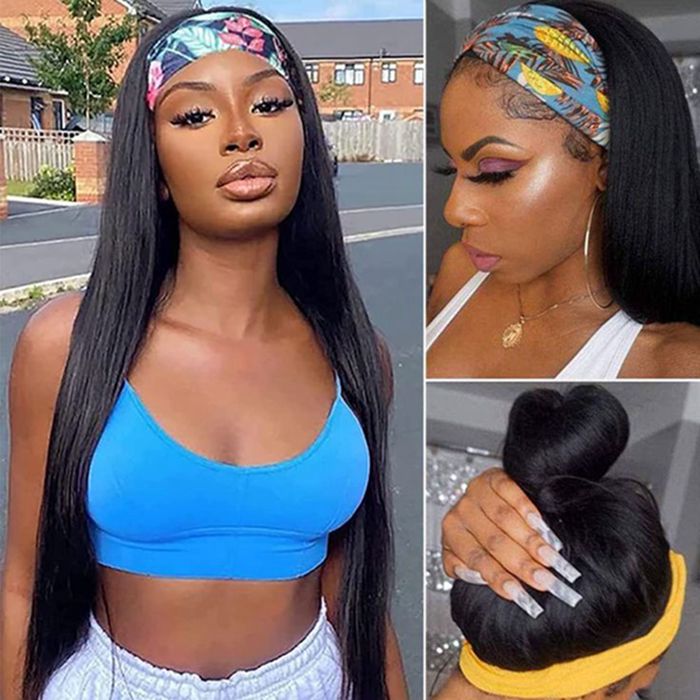 Glueless Headband Wigs Straight Human Hair Wig Machine Made Half Wig