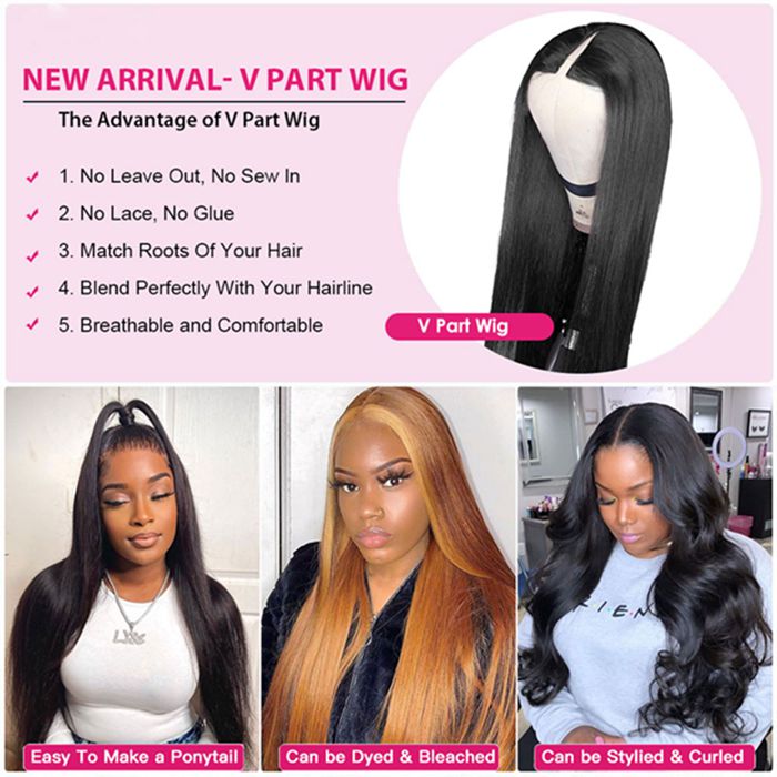 Glueless V Part Wig Silk Straight Wig Beginner Friendly Human Hair Wigs For Women