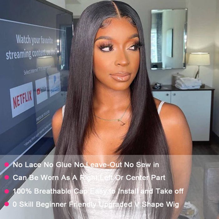 Glueless V Part Wig Silk Straight Wig Beginner Friendly Human Hair Wigs For Women