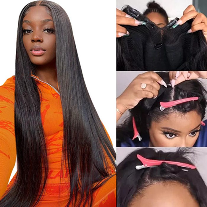 Glueless V Part Wig Silk Straight Wig Beginner Friendly Human Hair Wigs For Women