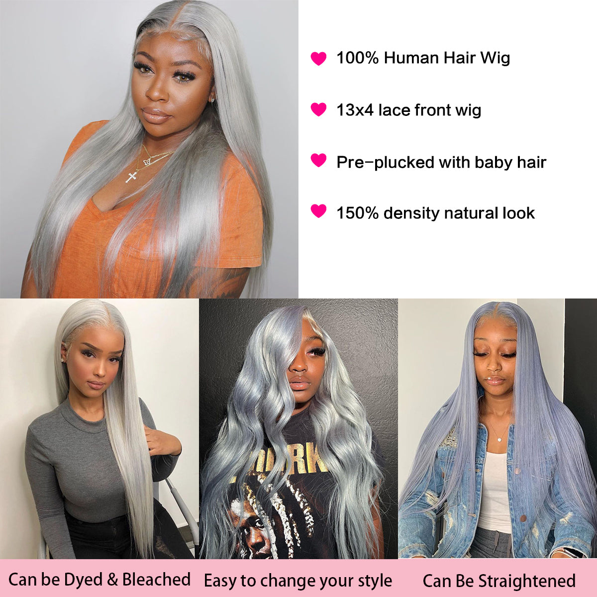 Gray Straight Lace Front Wig Platinum Silver Blonde Human Hair Wigs For Women Transparent Brazilian Remy Colored Hair Wig