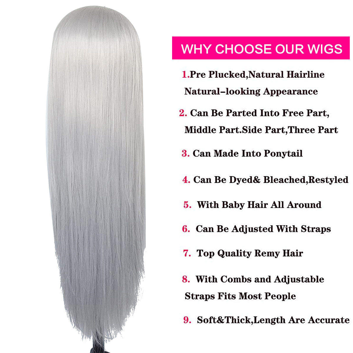 Gray Straight Lace Front Wig Platinum Silver Blonde Human Hair Wigs For Women Transparent Brazilian Remy Colored Hair Wig