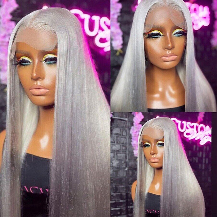 Gray Straight Lace Front Wig Platinum Silver Blonde Human Hair Wigs For Women Transparent Brazilian Remy Colored Hair Wig
