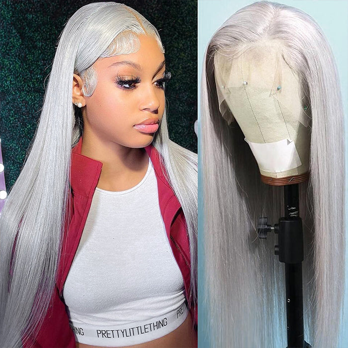 Gray Straight Lace Front Wig Platinum Silver Blonde Human Hair Wigs For Women Transparent Brazilian Remy Colored Hair Wig