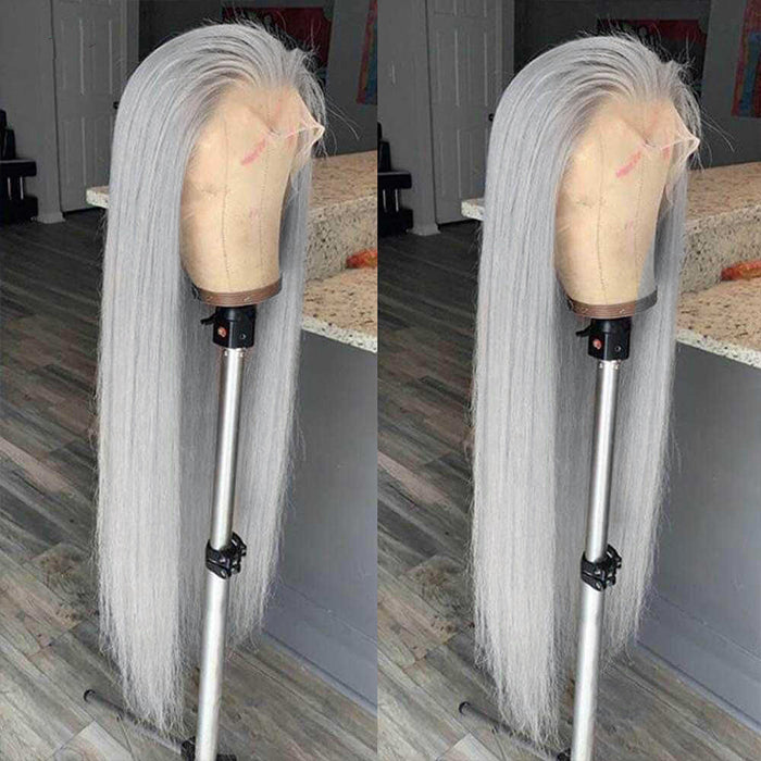 Gray Straight Lace Front Wig Platinum Silver Blonde Human Hair Wigs For Women Transparent Brazilian Remy Colored Hair Wig