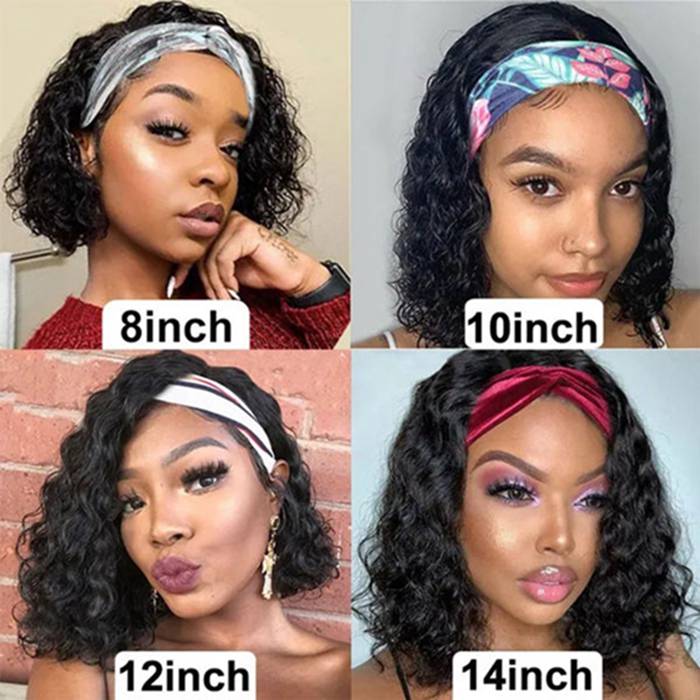 Headband Wig Short Bob Wig Water Wave Human Hair Wigs Machine Made Glueless Wigs