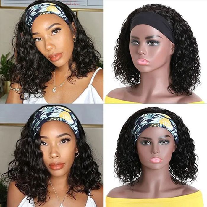 Headband Wig Short Bob Wig Water Wave Human Hair Wigs Machine Made Glueless Wigs