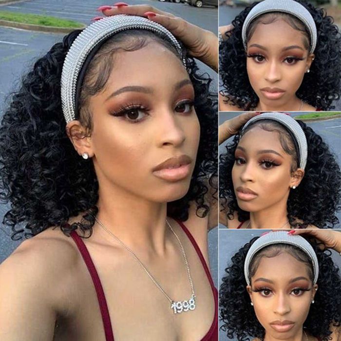 Headband Wig Short Bob Wig Water Wave Human Hair Wigs Machine Made Glueless Wigs