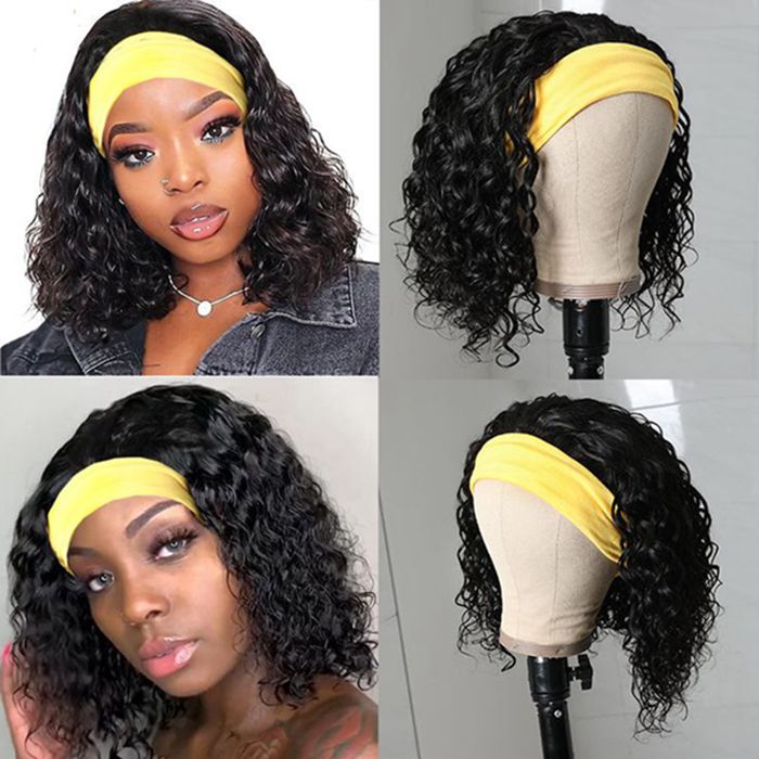 Headband Wig Short Bob Wig Water Wave Human Hair Wigs Machine Made Glueless Wigs
