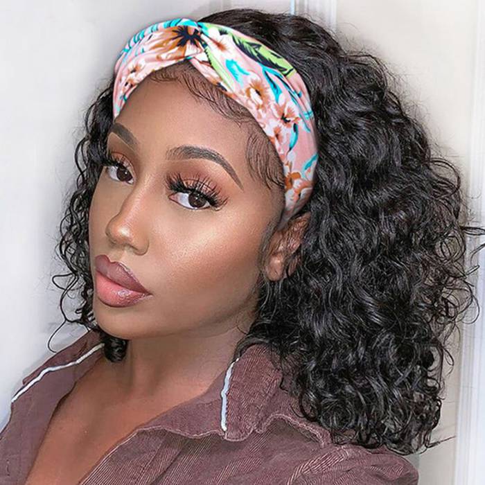 Headband Wig Short Bob Wig Water Wave Human Hair Wigs Machine Made Glueless Wigs