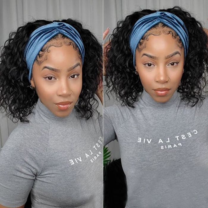 Headband Wig Short Bob Wig Water Wave Human Hair Wigs Machine Made Glueless Wigs