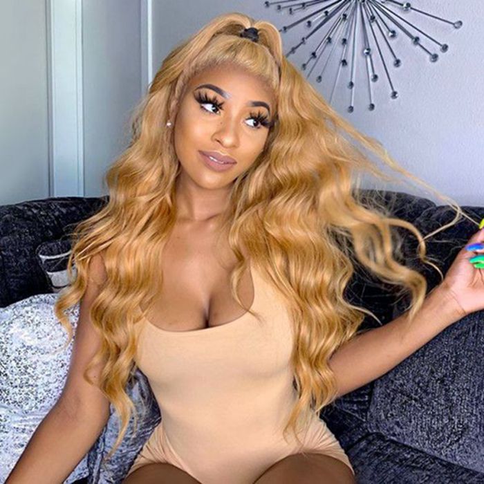 Honey Blonde 4x4 Lace Closure Wigs 27 Colored Body Wave Human Hair Wigs
