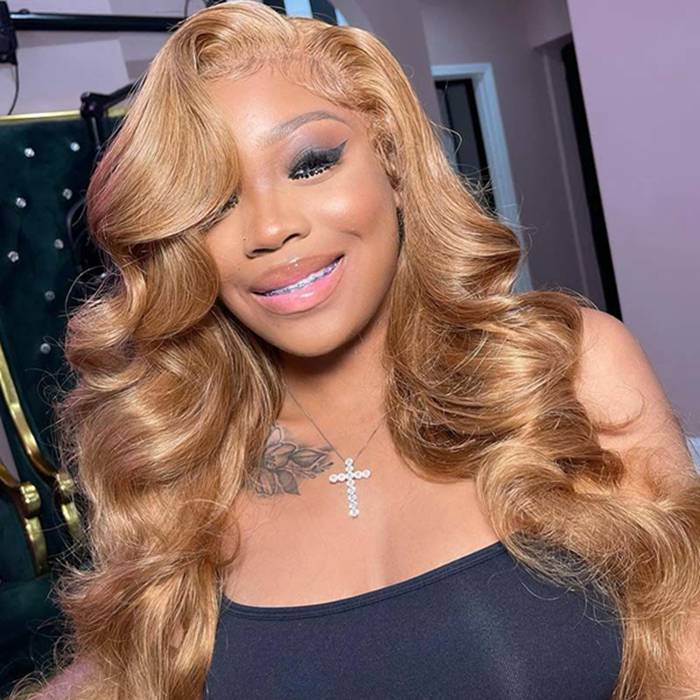 Honey Blonde 4x4 Lace Closure Wigs 27 Colored Body Wave Human Hair Wigs
