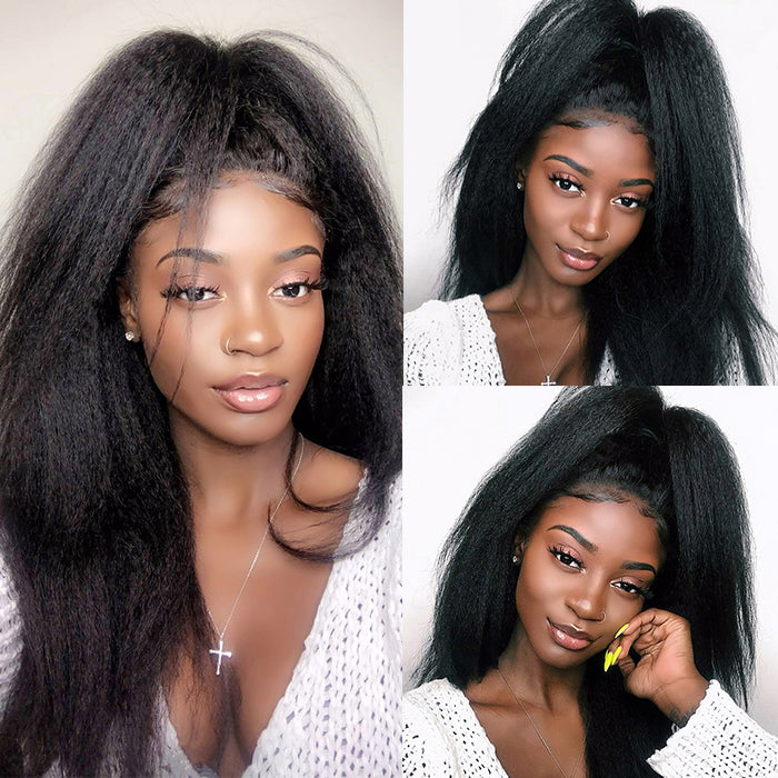 Kinky Straight Wigs 13x6 Lace Front Wig Yaki Human Hair Wigs Natural Black Wigs
