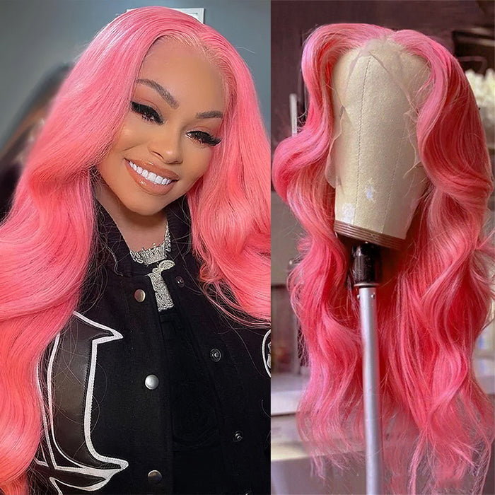 Pink 4x4 Transparent Lace Closure Wig Body Wave Wigs For Women