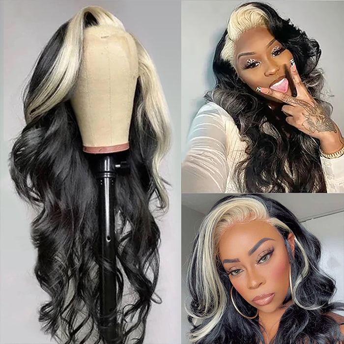 Skunk Stripe Human Hair Wig 1B/613 Highlight Blonde Lace Front Wig 13x4 Body Wave Colored Lace Front Human Hair Wigs