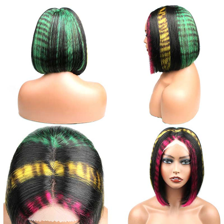 Tiger Print Thick End Short Bob Straight Blunt Cut 10A Human Hair Wigs
