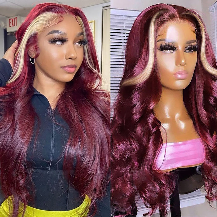 99J With 613 Blonde Skunk Stripe Human Hair 13x4 Body Wave Transformate HD Lace Front Wig