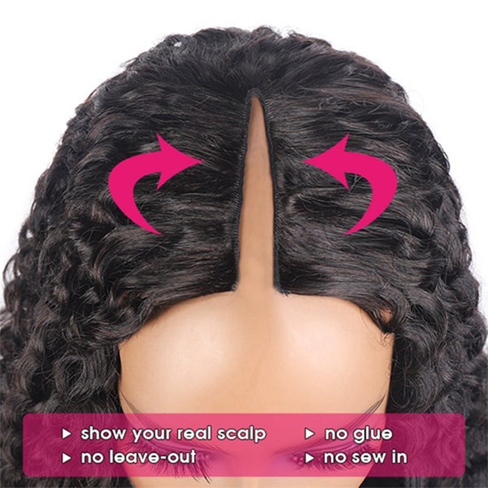 V Part Wig Natural Scalp Water Wave Human Hair Wigs