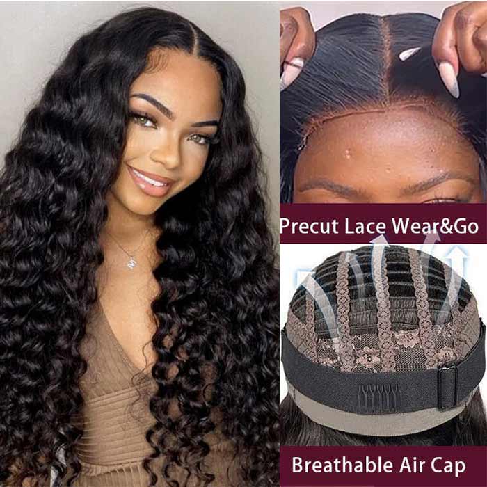 Air Cap-Deep Wave Breathable HD Glueless Human Hair Pre Cut Lace Front Wig