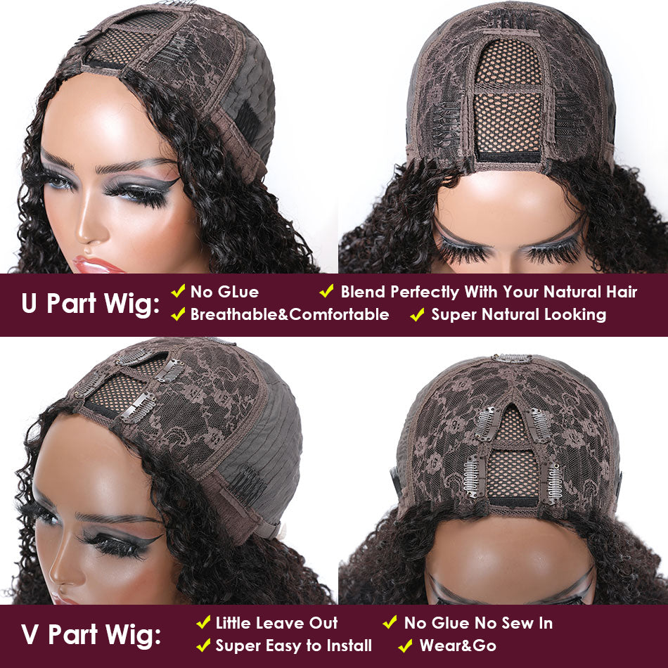 V/U Part Wig Glueless Jerry Curly No Sew In No Gel NO Leave Out Wig