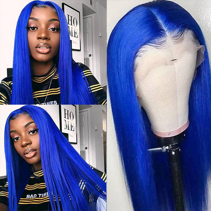 13x4 Transparent HD Lace Front Pre-Plucked Blue Human Hair Wigs For Women