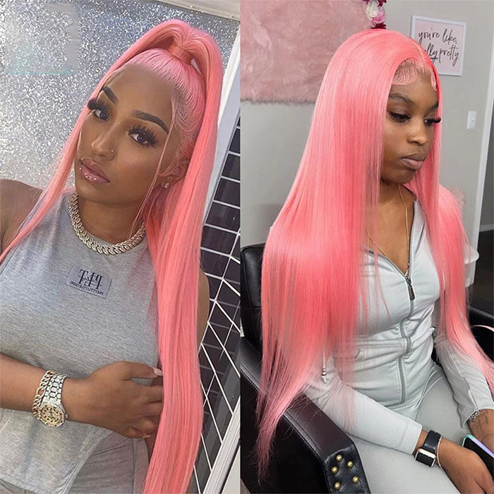 Pink Color Straight 13x4 Lace Front Human Hair Wigs For Black Women