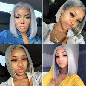 Silver Grey Brazilian Hair Transparent HD Lace Short Bob Wig For Women