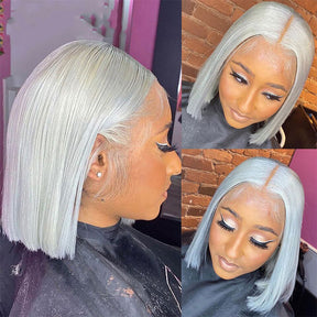 Silver Grey Brazilian Hair Transparent HD Lace Short Bob Wig For Women
