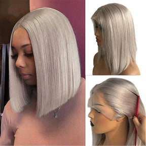 Silver Grey Brazilian Hair Transparent HD Lace Short Bob Wig For Women