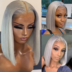 Silver Grey Brazilian Hair Transparent HD Lace Short Bob Wig For Women