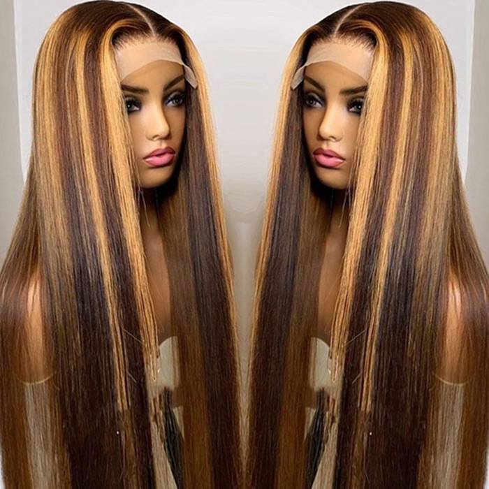 13x4 Highlight Lace Front Wig P4/27 Piano Color Straight Human Hair Wigs