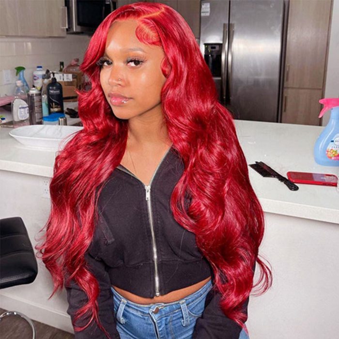 13x4 Lace Front Wig Body Wave Human Hair Wigs Red Pre-Plucked Remy Human Hair Deep Part Wigs