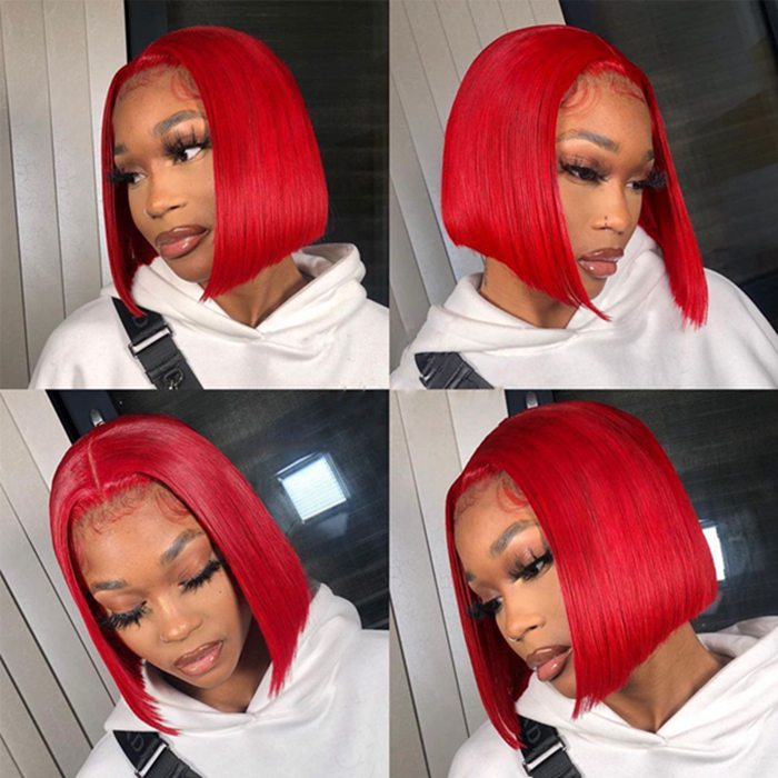 13x4 Transparent HD Lace Front Brazilian Remy Hair Straight Red Bob Wigs