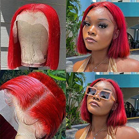 13x4 Transparent HD Lace Front Brazilian Remy Hair Straight Red Bob Wigs