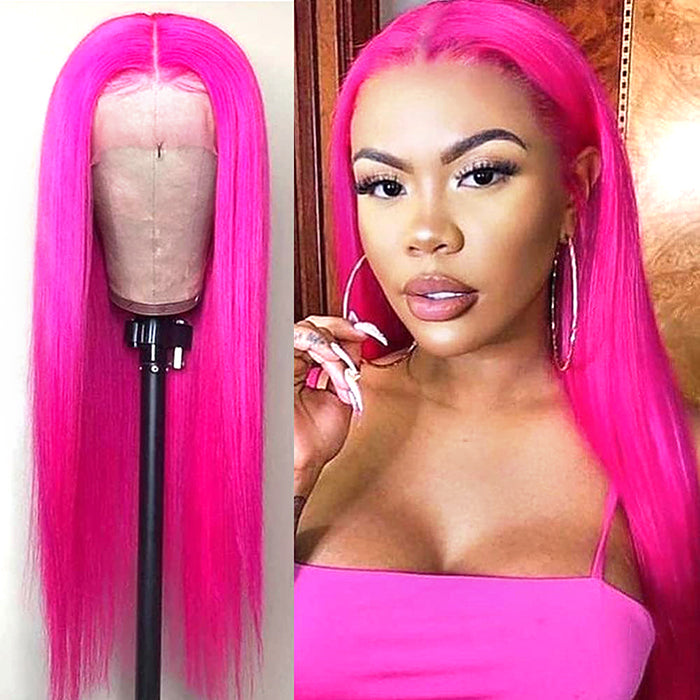 13x4 Transparent HD Lace Frontal Brazilian Virgin Human Hair Hot Pink Colored Wig