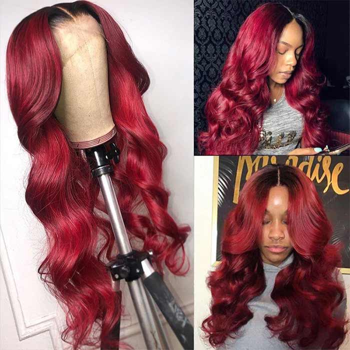 1B 99J Ombre Body Wave Lace Front Human Hair Wigs With Pre-plucked Hairline