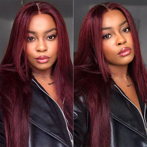 1B 99J Ombre Straight Lace Front Human Hair Wigs With Pre-plucked Hairline