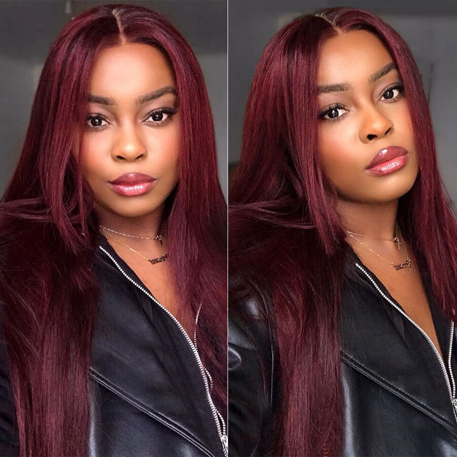 1B 99J Ombre Straight Lace Front Human Hair Wigs With Pre-plucked Hairline