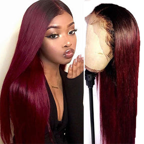 1B 99J Ombre Straight Lace Front Human Hair Wigs With Pre-plucked Hairline