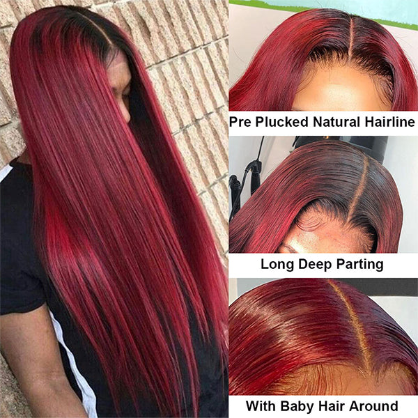 1B 99J Ombre Straight Lace Front Human Hair Wigs With Pre-plucked Hairline