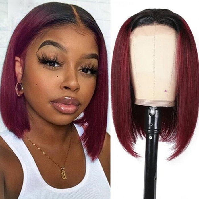 1B/99J Burgundy Ombre Short Straight BoB Wig With Baby Hair