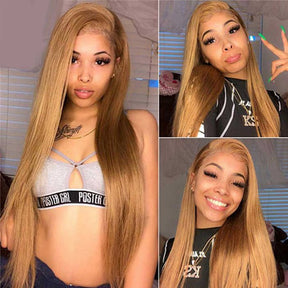 27 Hair Color Honey Blonde Straight Brazilian Human Hair 4x4 Lace Closure Wig