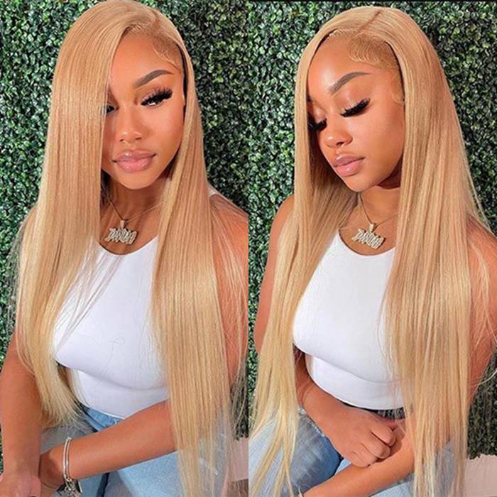 30 Inch Honey Blonde Straight Lace Front Wig 27 Hair Colored Transparent Frontal Wig