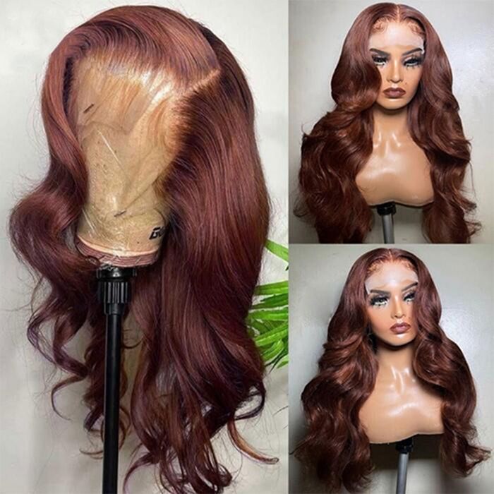#33 Red Brown Auburn Colored Body Wave Lace Front Wig 13x4 13x6 Transparent Lace Frontal Wigs
