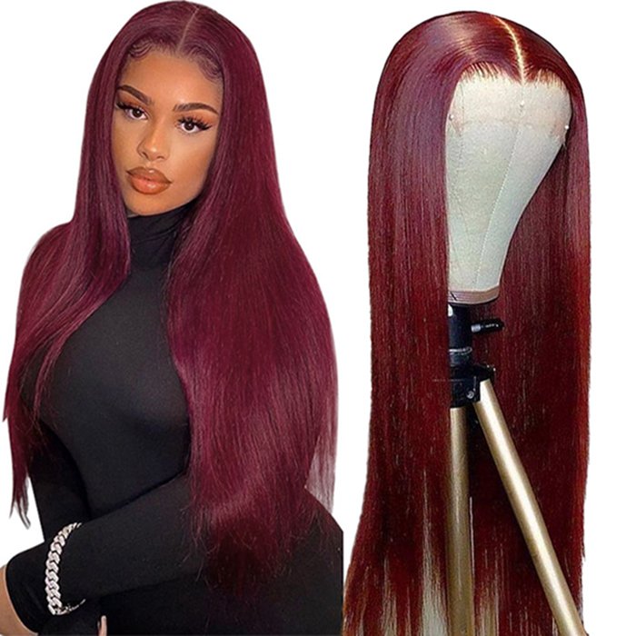 99J Straight Glueless Human Hair Color 13x4 Lace Front Wigs