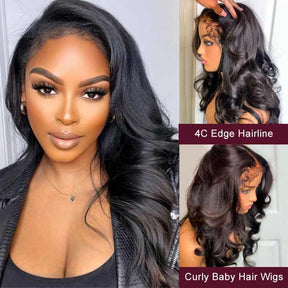 4C Edge Hairline-Body Wave 13x4 HD Lace Front Wigs With Kinky Edges Curly Baby Hair