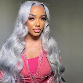 4x4 Silver Grey Body Wave Brazilian Human Hair Transparent HD Lace Closure Wigs