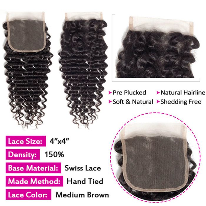 4x4 Transparent Lace Closure Deep Wave Human Hair Closure Natural Black Hair